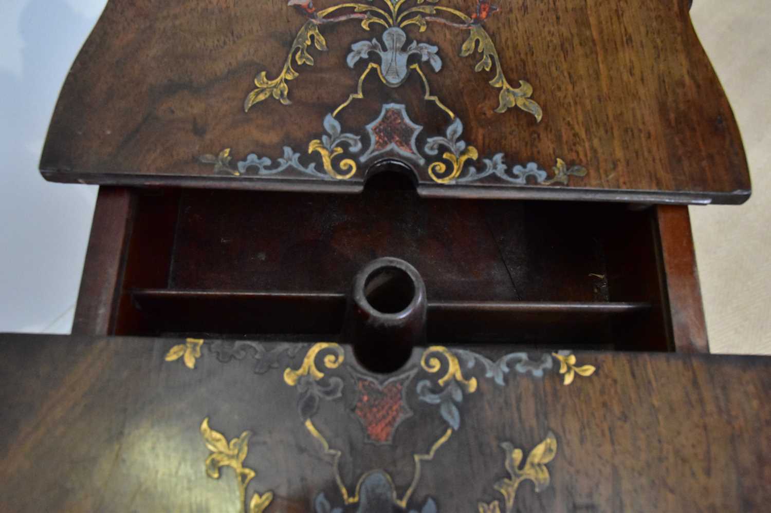 A late 19th century inlaid rosewood mirror/candle stand with pull-out slides enclosing fitted - Image 3 of 3