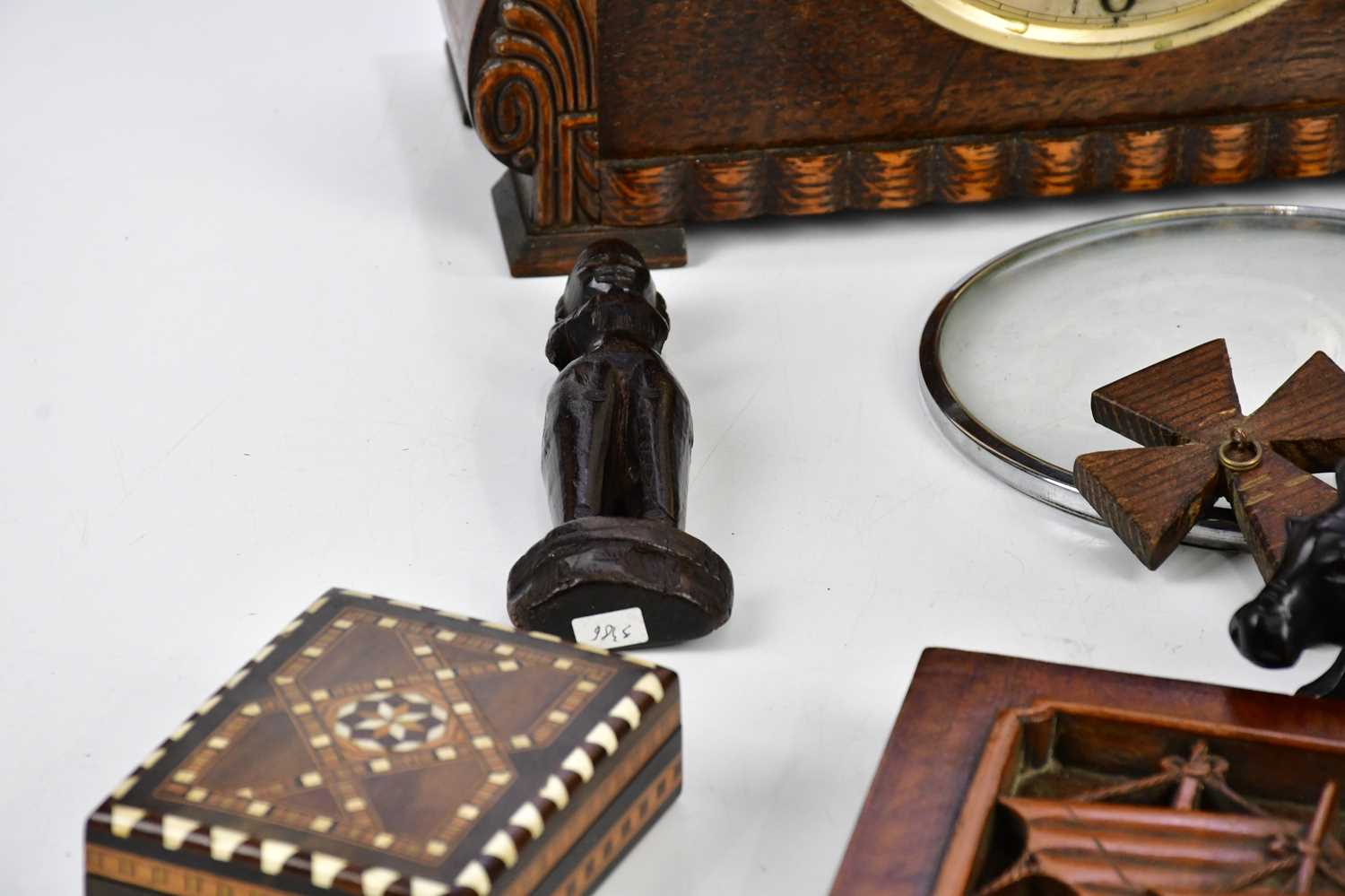 A mixed group of collectors' items to include an oak cased mantel clock, two African carved figures, - Image 2 of 4
