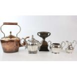 A Victorian plated three piece tea service, of melon shape, teapot height 19cm, with a copper kettle