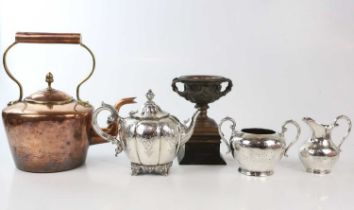 A Victorian plated three piece tea service, of melon shape, teapot height 19cm, with a copper kettle