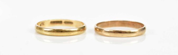 Two 9ct yellow gold wedding bands, approx size P, combined approx 2.8g.