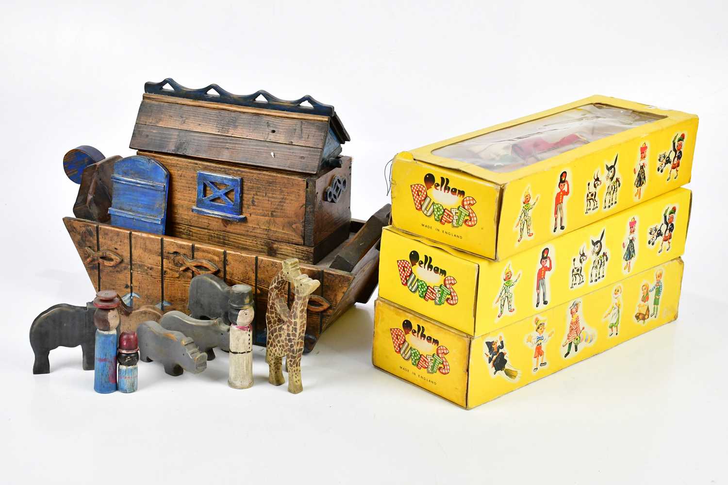 A vintage pine Noah's Ark and animals, and three Pelham puppets (4).