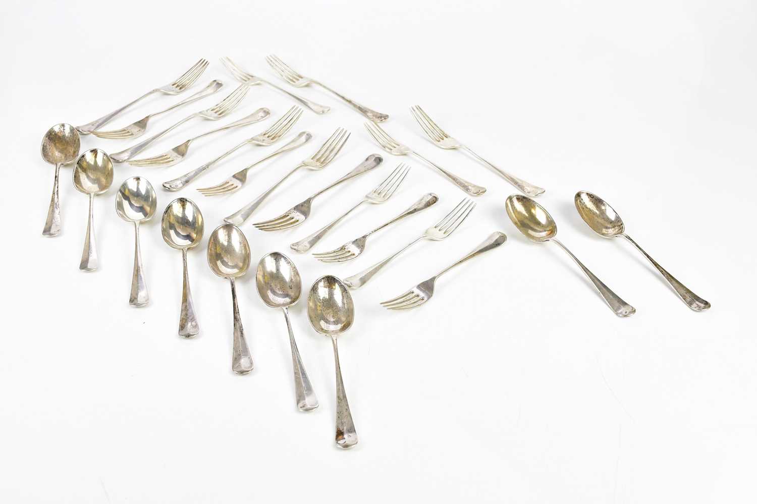 FINNIGANS LTD; a George V part set of Old English pattern and rat tail flatware, stamped Sheffield