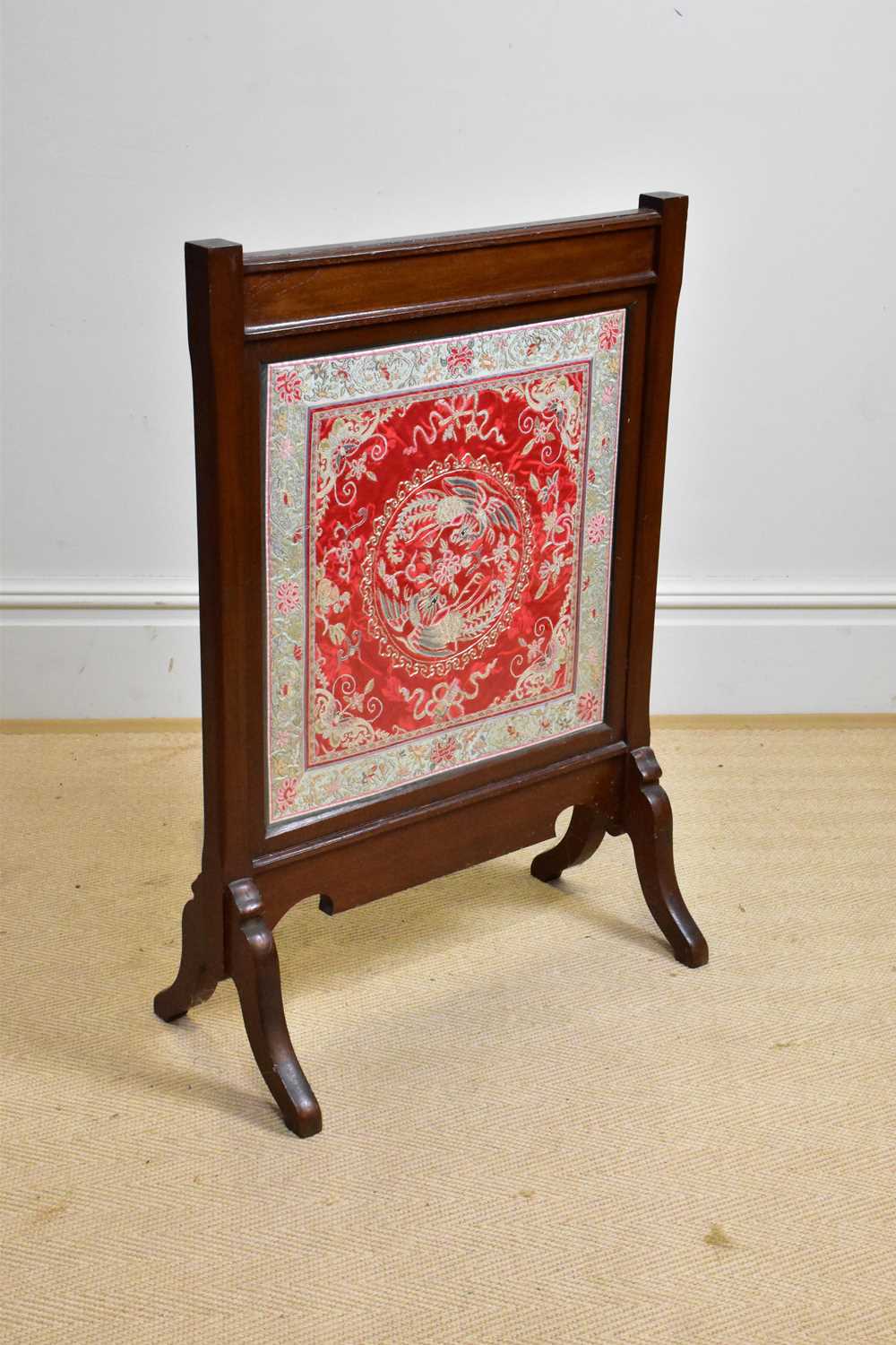 A mid 20th century Chinese fire screen with tapestry panel, height 87cm, width 60cm.