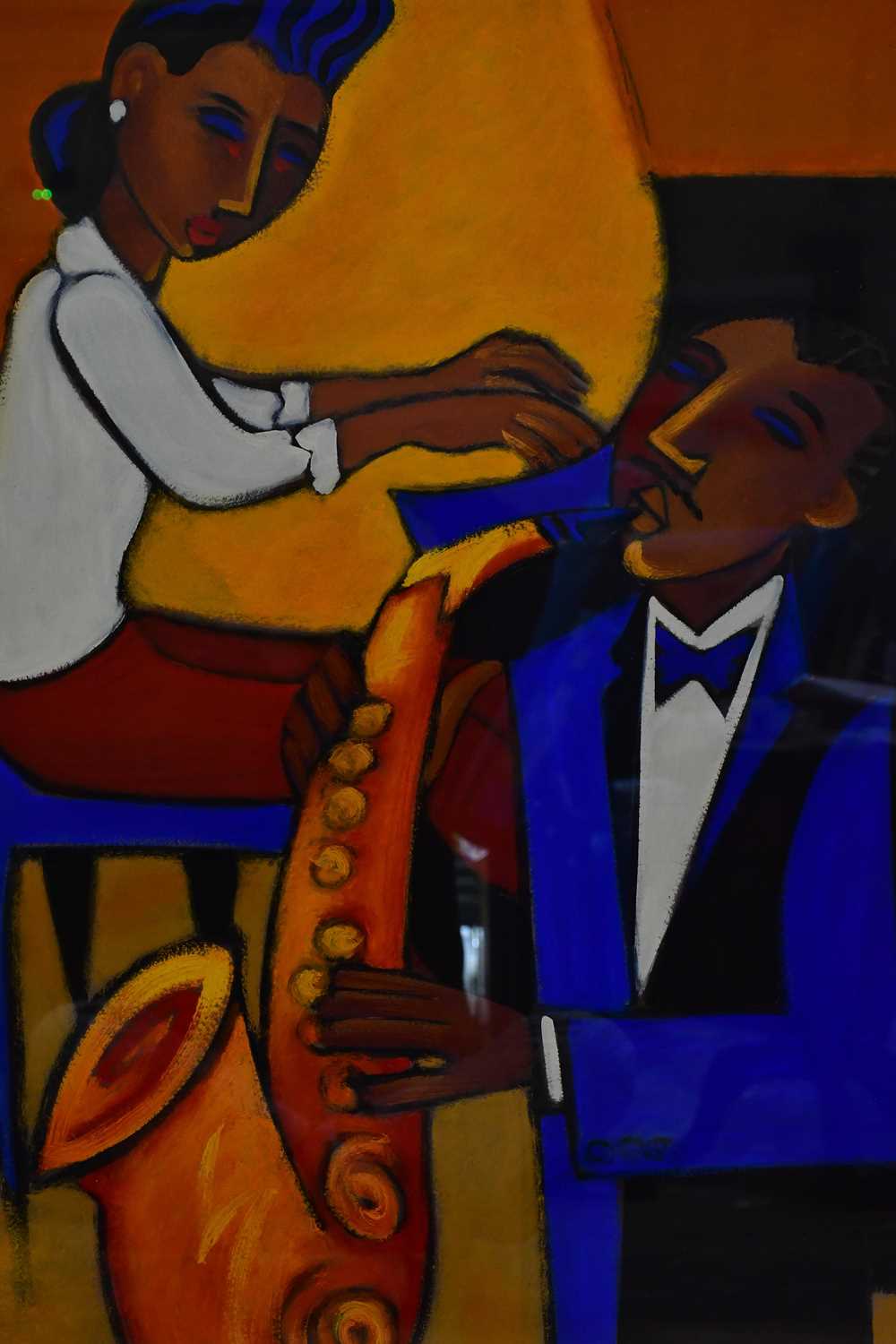 MARSHA HAMMEL; oil on gesso, 'In The Groove, 1937 - Mary Lou Williams & Sax', 90 x 60cm, framed - Image 2 of 5
