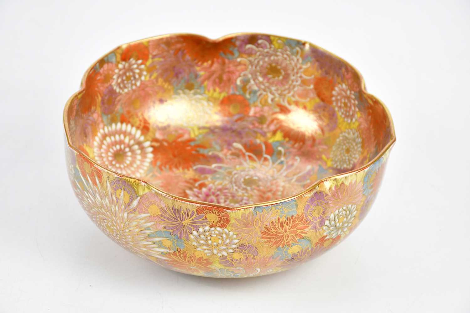 A Japanese Meiji period Satsuma bowl, finely painted with chrysanthemums and floral edge, diameter - Image 3 of 5