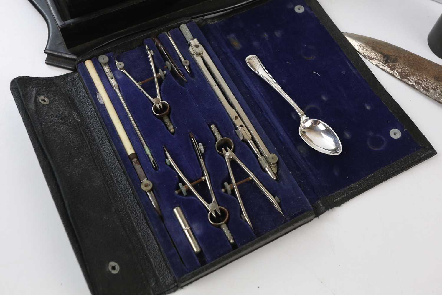 A white metal mounted ebony dressing table set, tray 34cm, with a chrome cigarette box, etc. - Image 2 of 4