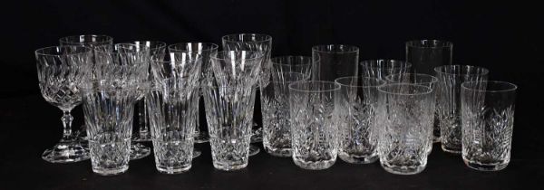 WATERFORD CRYSTAL; a collection of cut glass comprising two sets of six cylindrical glasses, two