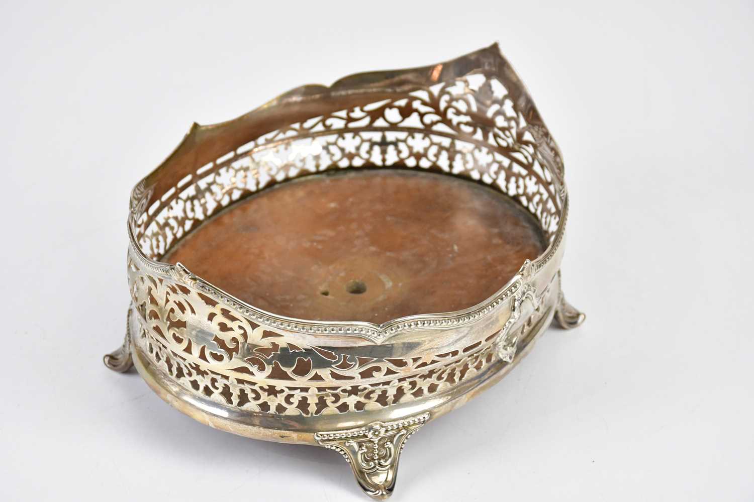 A Victorian hallmarked silver oval condiment stand, with pierced border, on scrolling legs, - Image 3 of 4