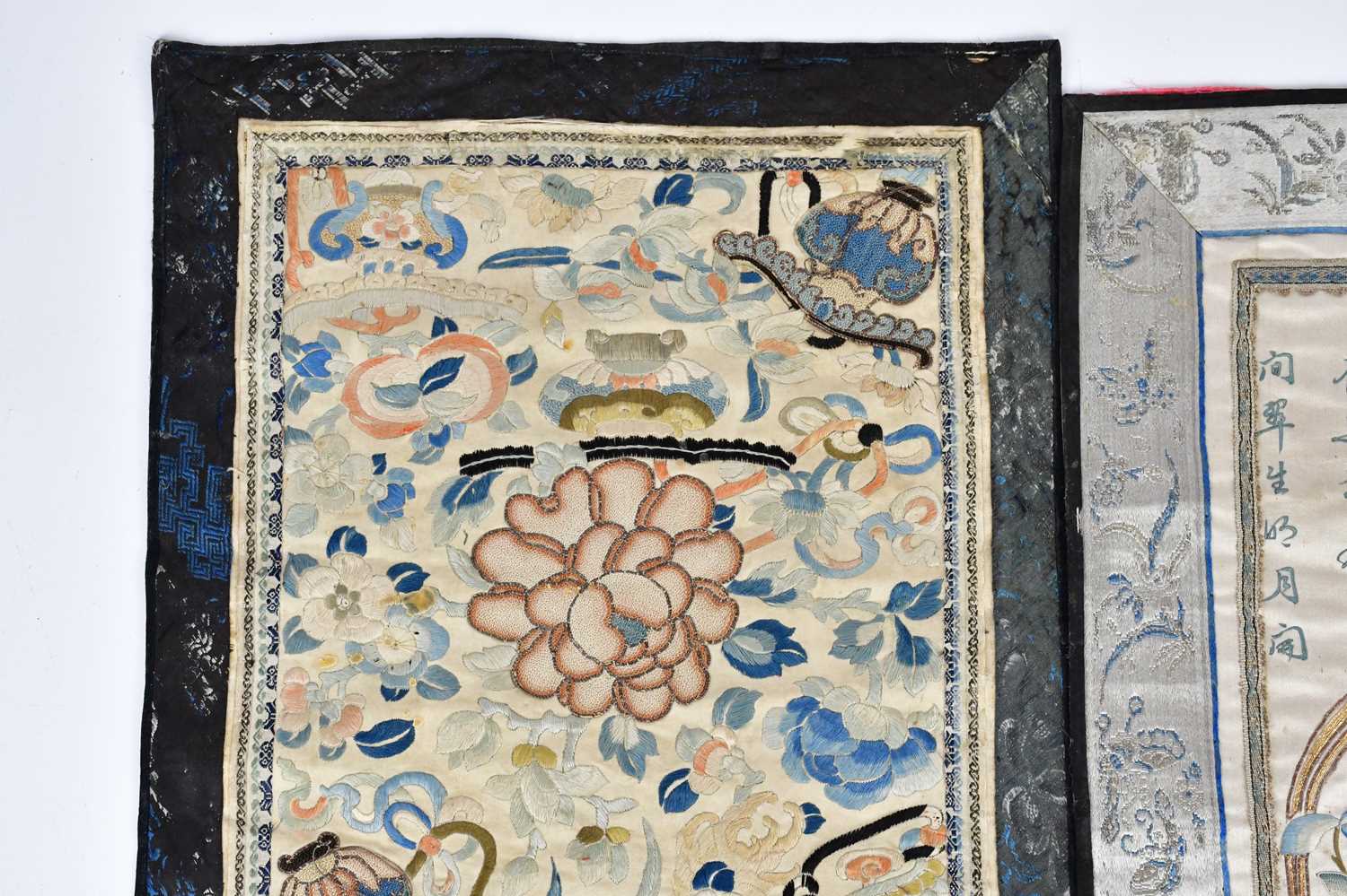 Two Chinese silk panels, including an example which bears signature, decorated with insects and - Image 4 of 13