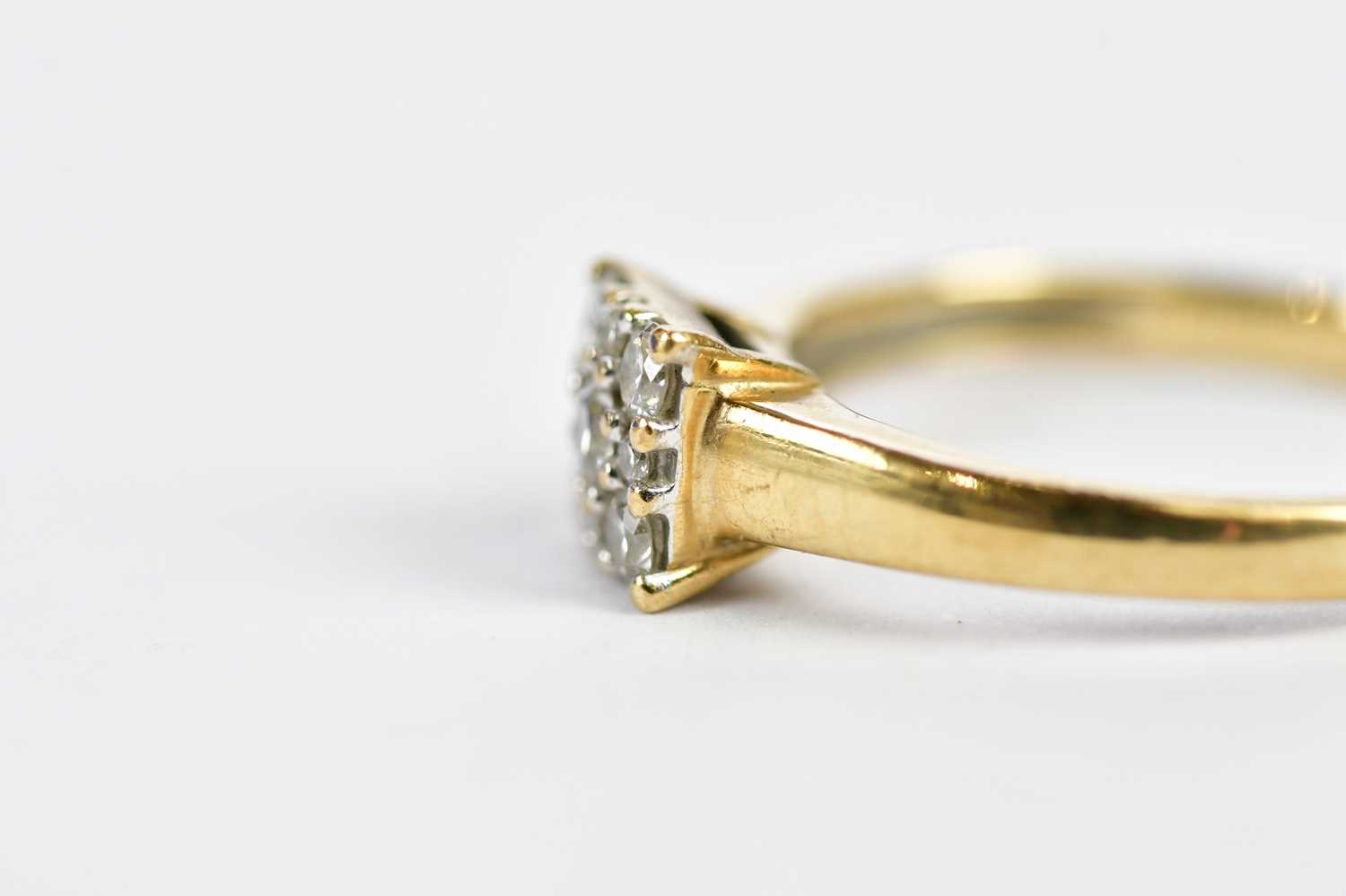 A 9ct yellow gold nine stone diamond ring in square claw setting, total diamond weight 0.24cts, size - Image 2 of 3