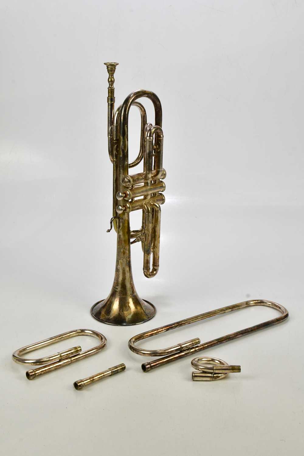 LAFLEUR, LONDON; a nickle plated trumpet with spare parts, cased.