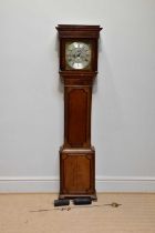 A late George III inlaid oak eight day longcase clock, with Roman numeral chapter ring, subsidiary