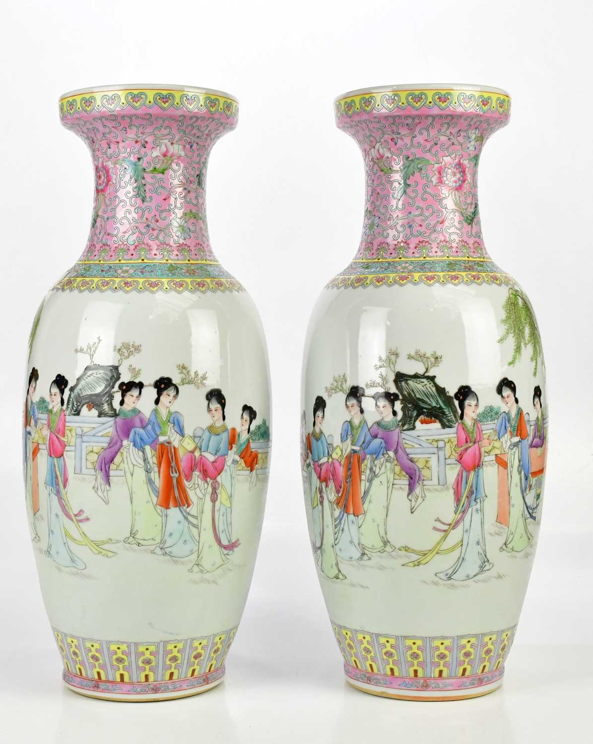 A pair of 20th century Chinese Famille Rose porcelain floor vases, with character mark to