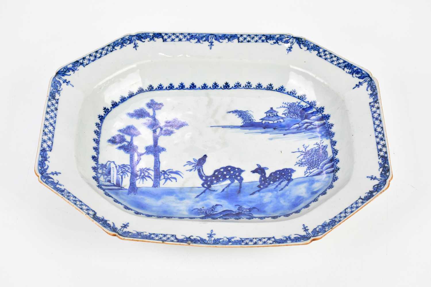 An 18th century Chinese blue and white export ware meat plate, decorated with deer in landscape, - Image 2 of 6