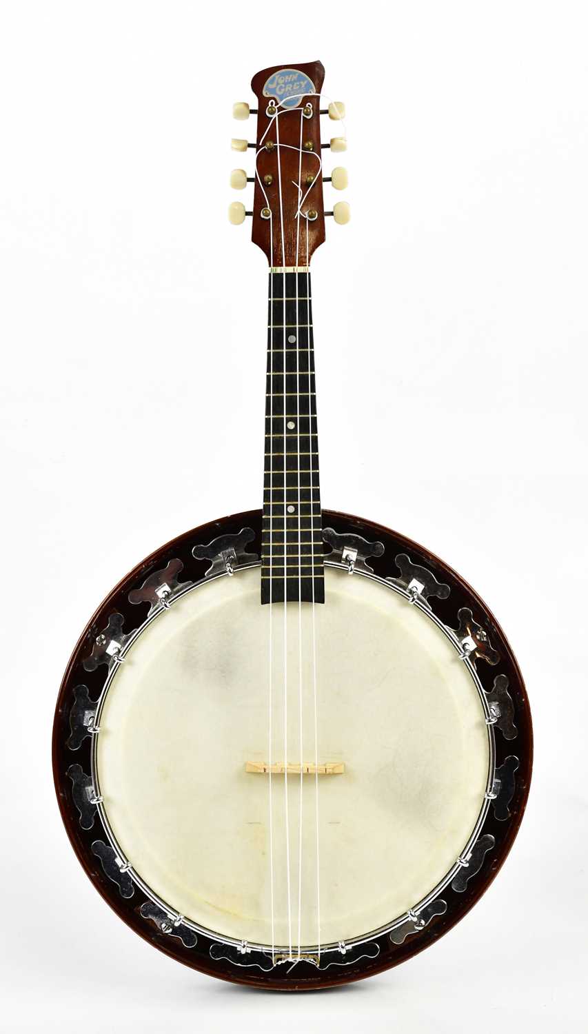 JOHN GREY & SONS; a cased banjo.