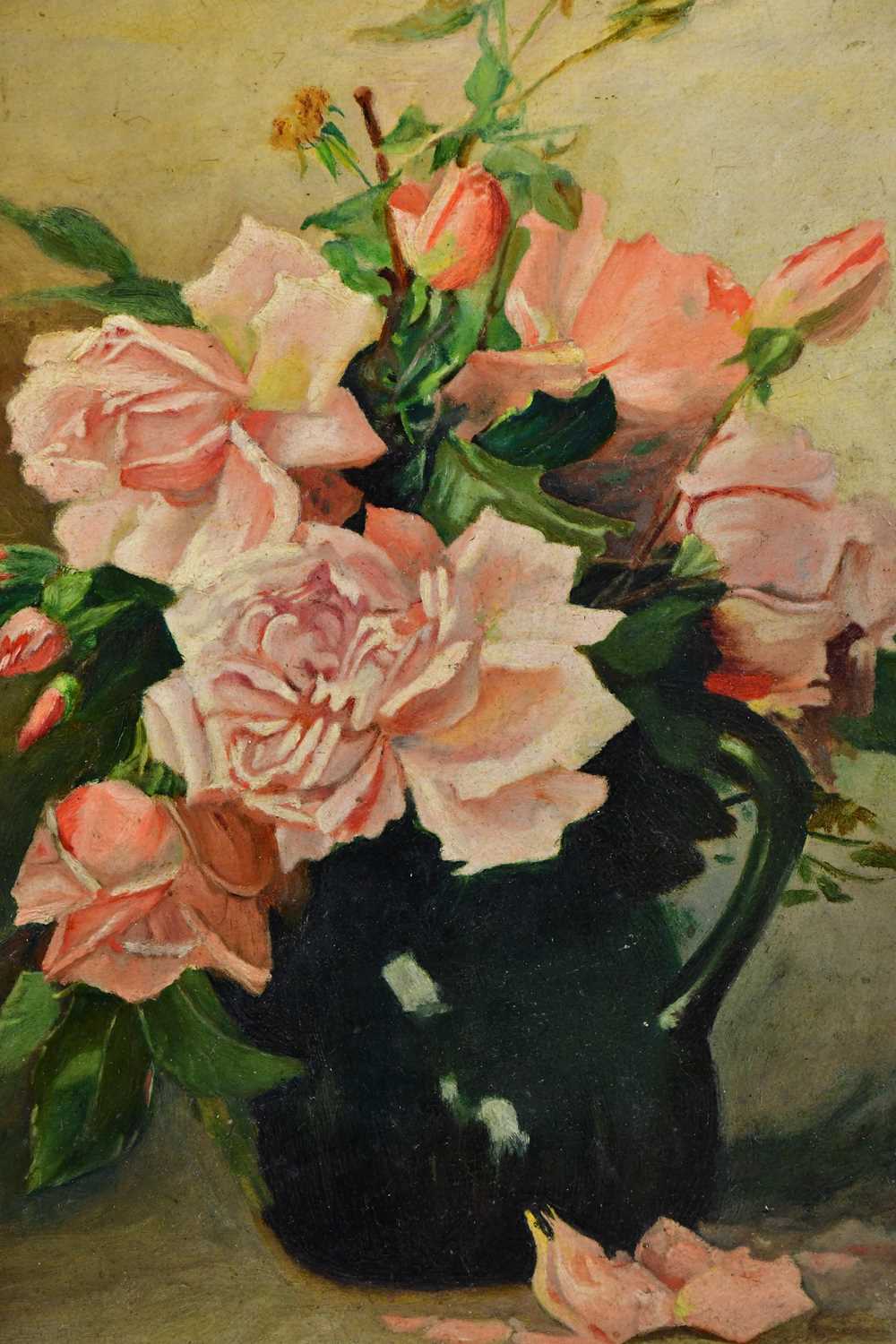 L J LAMB; pair of oils on board, still life of roses, signed and dated, 46 x 30cm, framed. (2) - Image 2 of 5