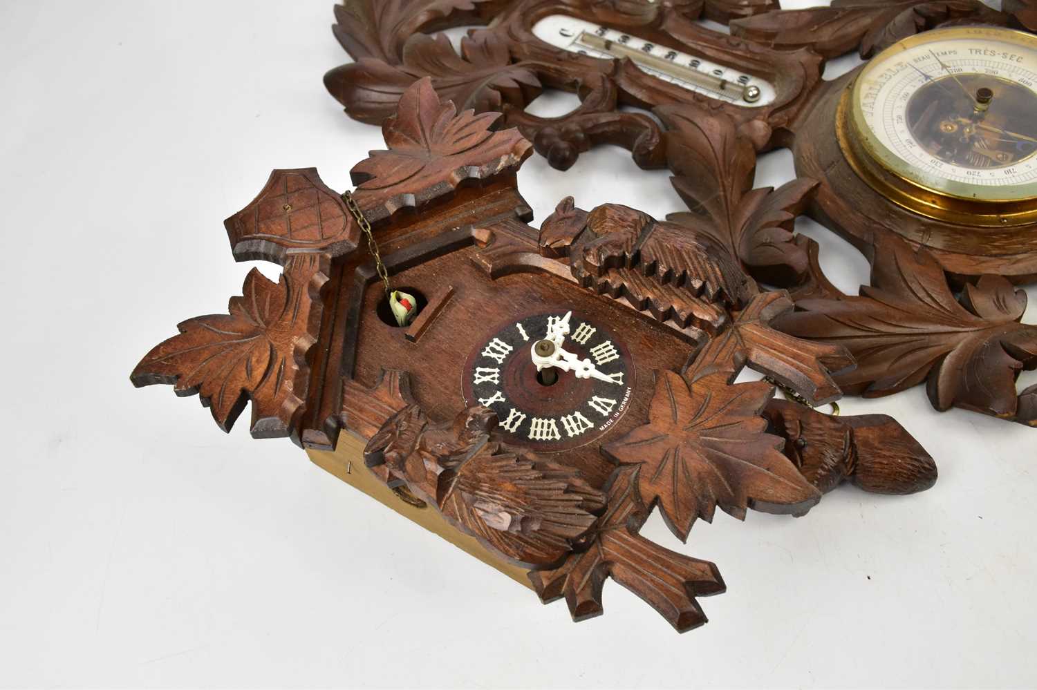 A Black Forest carved wood combination barometer and therometer, length 55cm, with two cuckoo clocks - Image 2 of 4