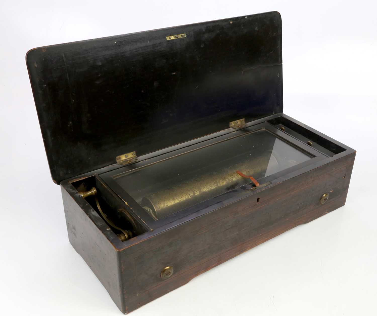 A 19th century rosewood cased single cylinder music box with inlaid decoration to the lid, width