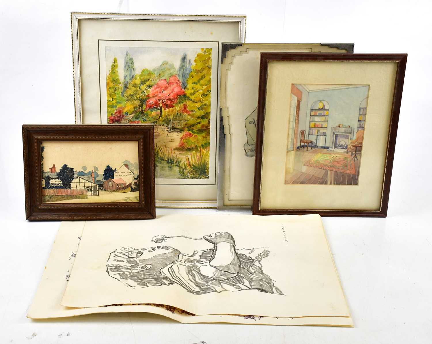 A group of watercolours to include interior scene, rural scene, etc, together with some loose ink