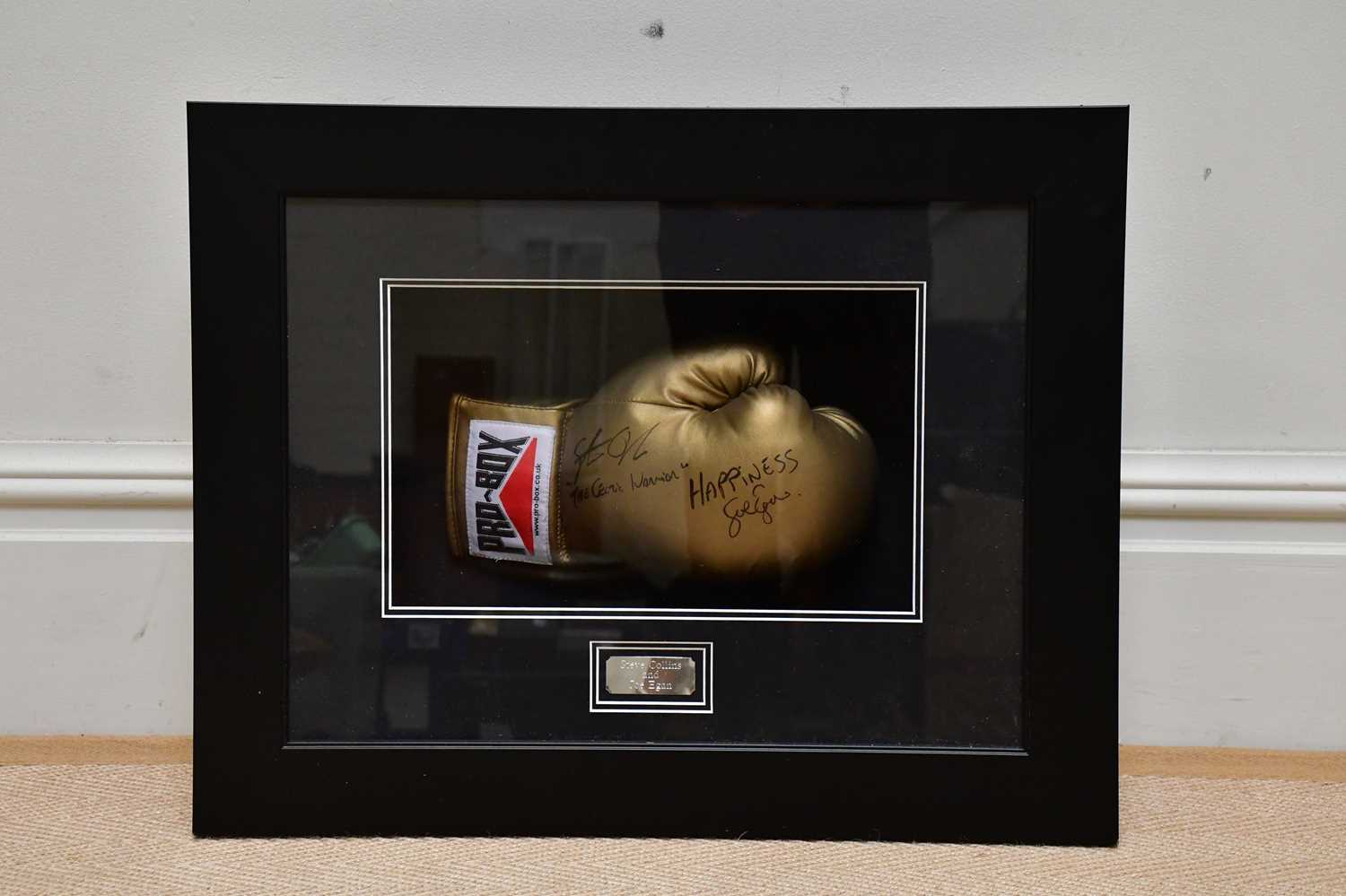 STEVE COLLINS & JOE EGAN; a signed boxing glove, framed, 61 x 49cm.