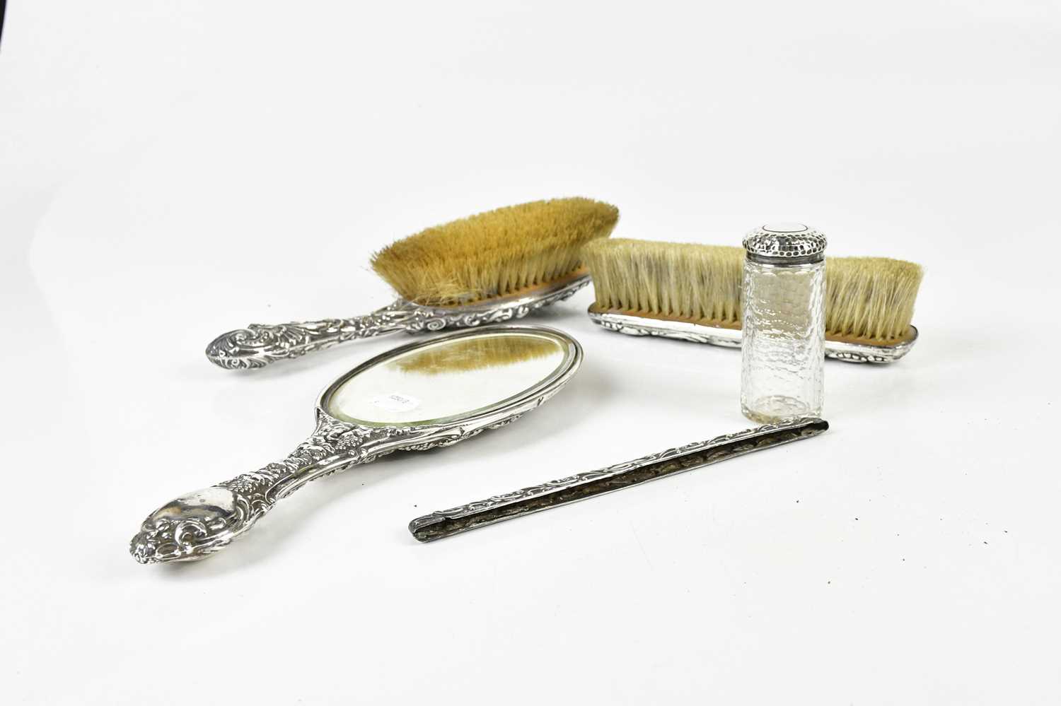 A matched hallmarked silver four piece dressing table set and glass dressing table bottle with - Image 2 of 2