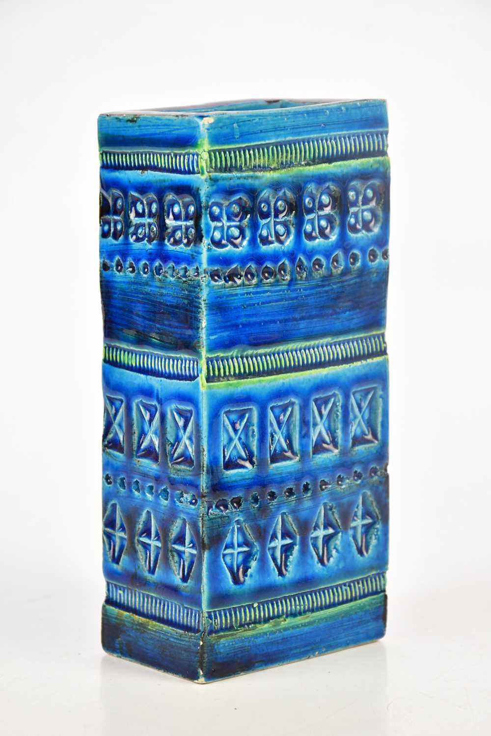 BITOSSI; an oblong vase, decorated with geometric motifs with a blue ground, height 18cm. - Image 3 of 5