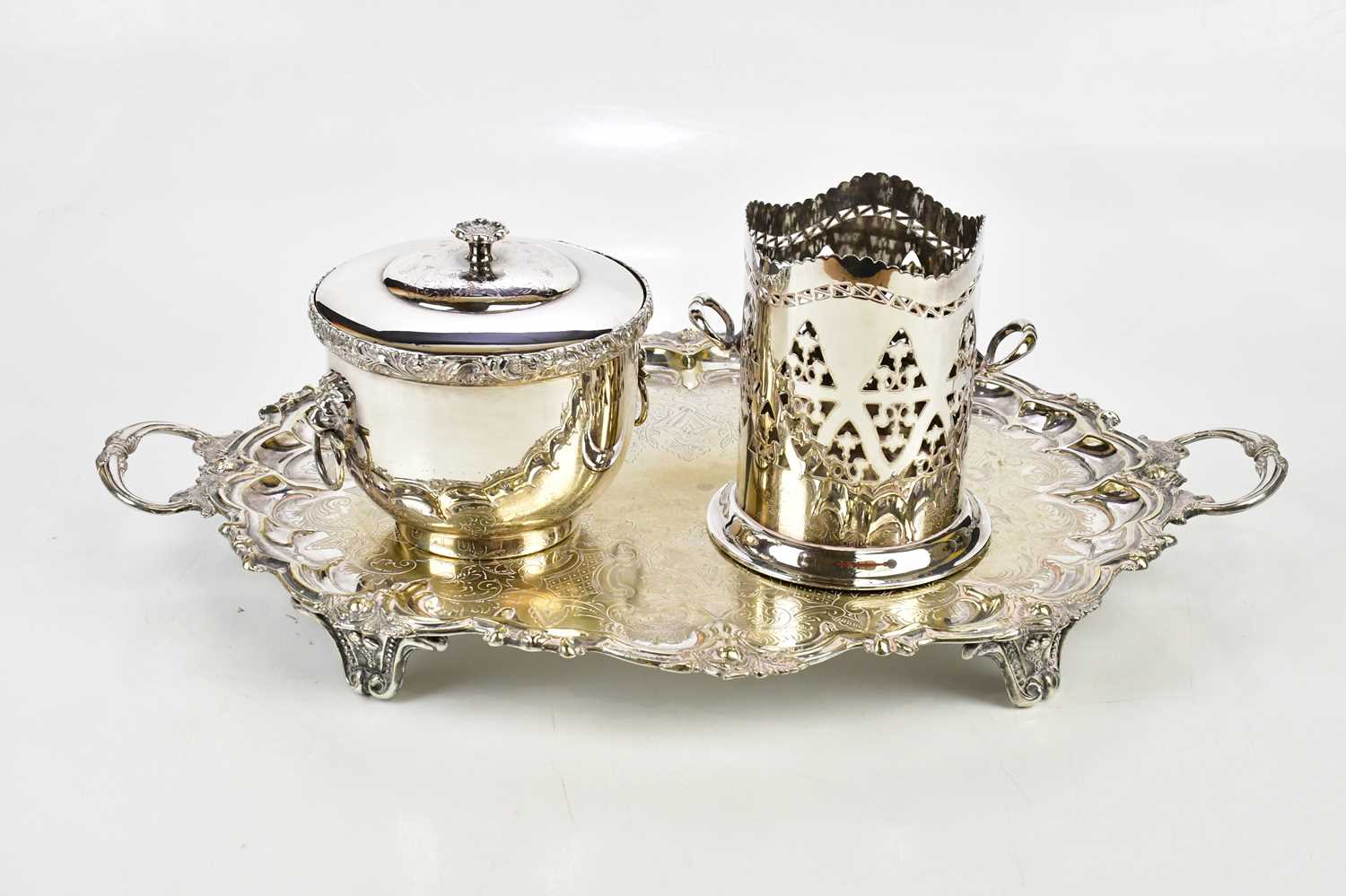 A large silver plated twin handled tray, width 60cm, together with a further electroplated bottle