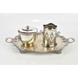 A large silver plated twin handled tray, width 60cm, together with a further electroplated bottle