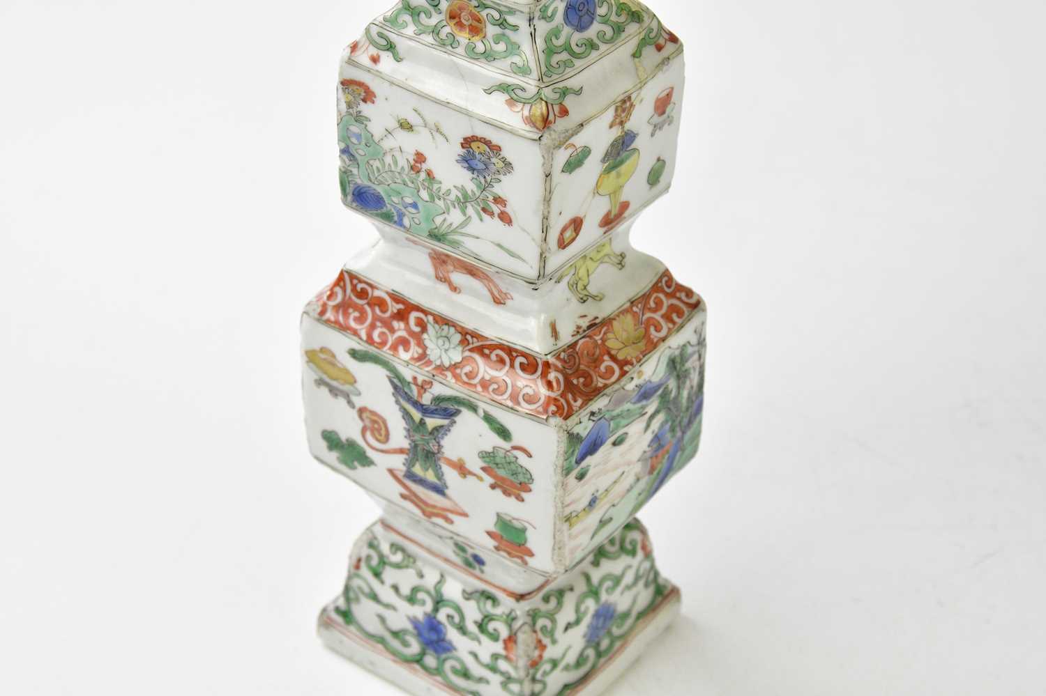 A pair of 18th century Chinese Famille Verte Wucai porcelain vases, of square form, each painted - Image 9 of 17