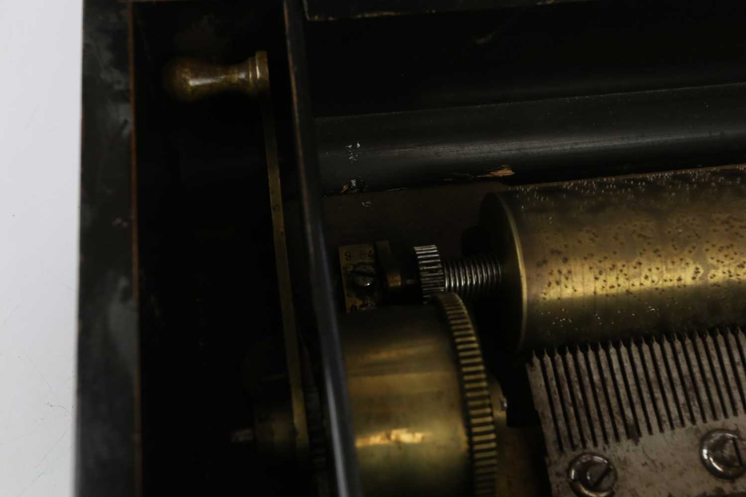 A 19th century rosewood cased single cylinder music box with inlaid decoration to the lid, width - Image 6 of 6