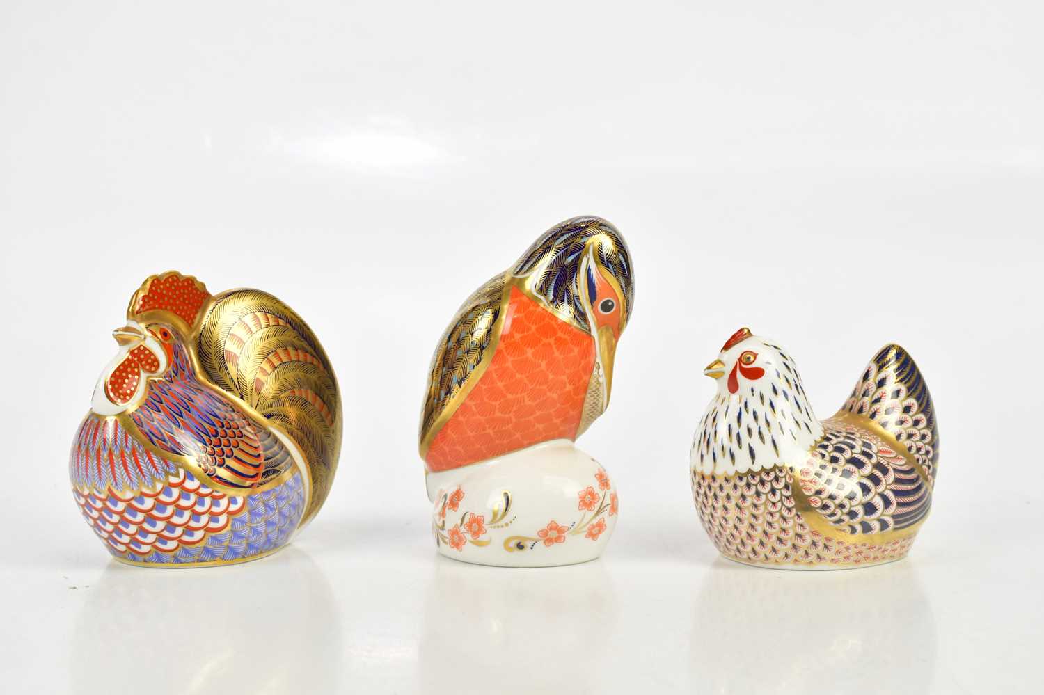 ROYAL CROWN DERBY; three animal form paperweights including cockerel and kingfisher, etc (3).