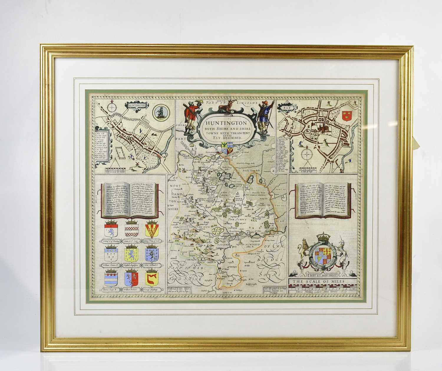 JOHN SPEED; a hand tinted map, 'Huntington', circa 1676, 39 x 52cm, framed and glazed.