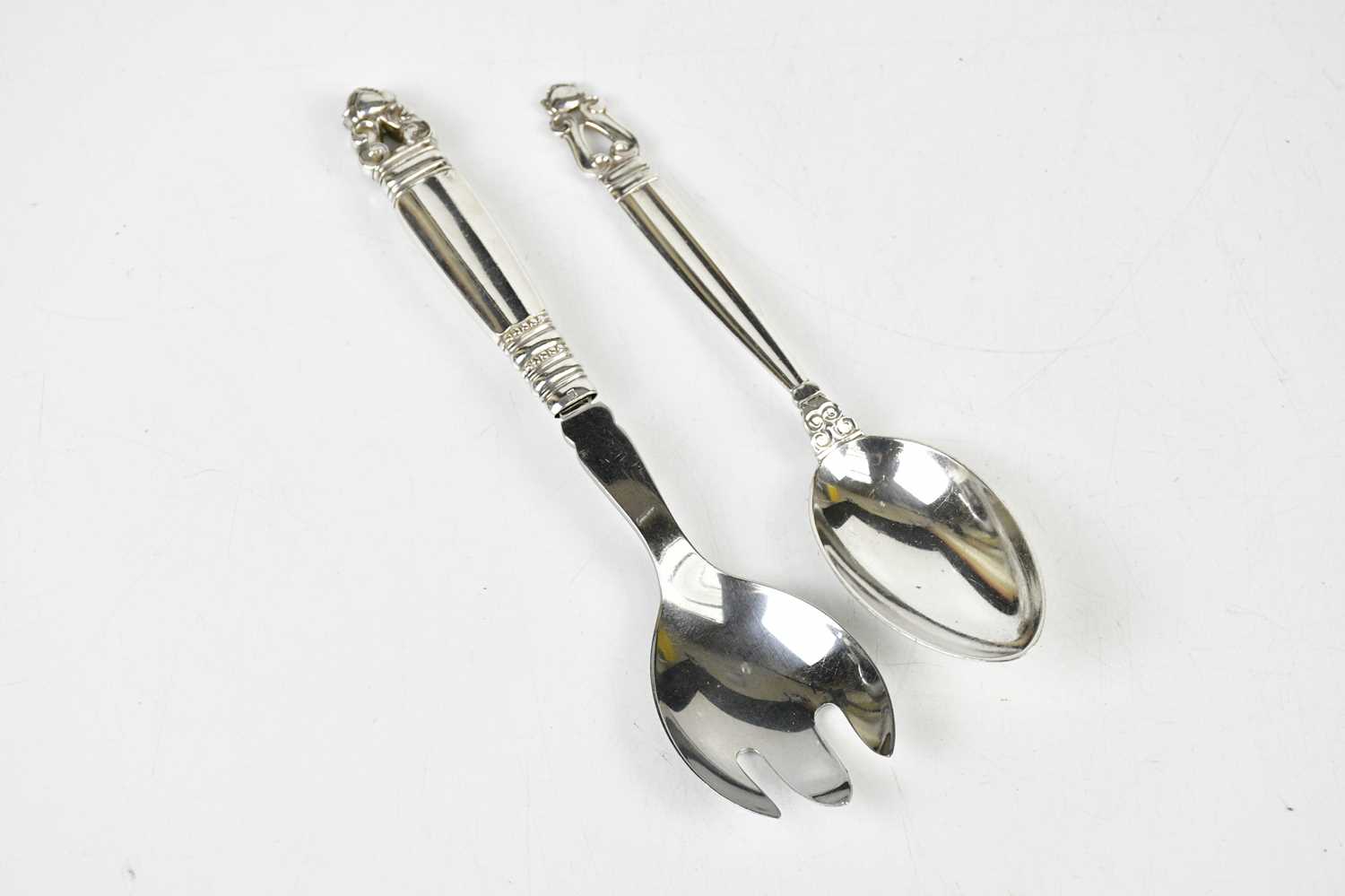 GEORG JENSEN; a spoon and fork server, stamped 'sterling silver Denmark', approx combined weight 4.