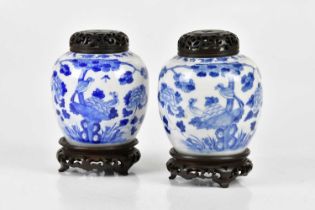 A pair of late 19th century Chinese blue and white ginger jars with carved wooden covers, each