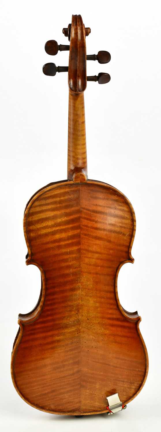 A full size German violin, Guarnerius copy with two-piece back length 35.6cm, cased with a bow. - Image 7 of 18