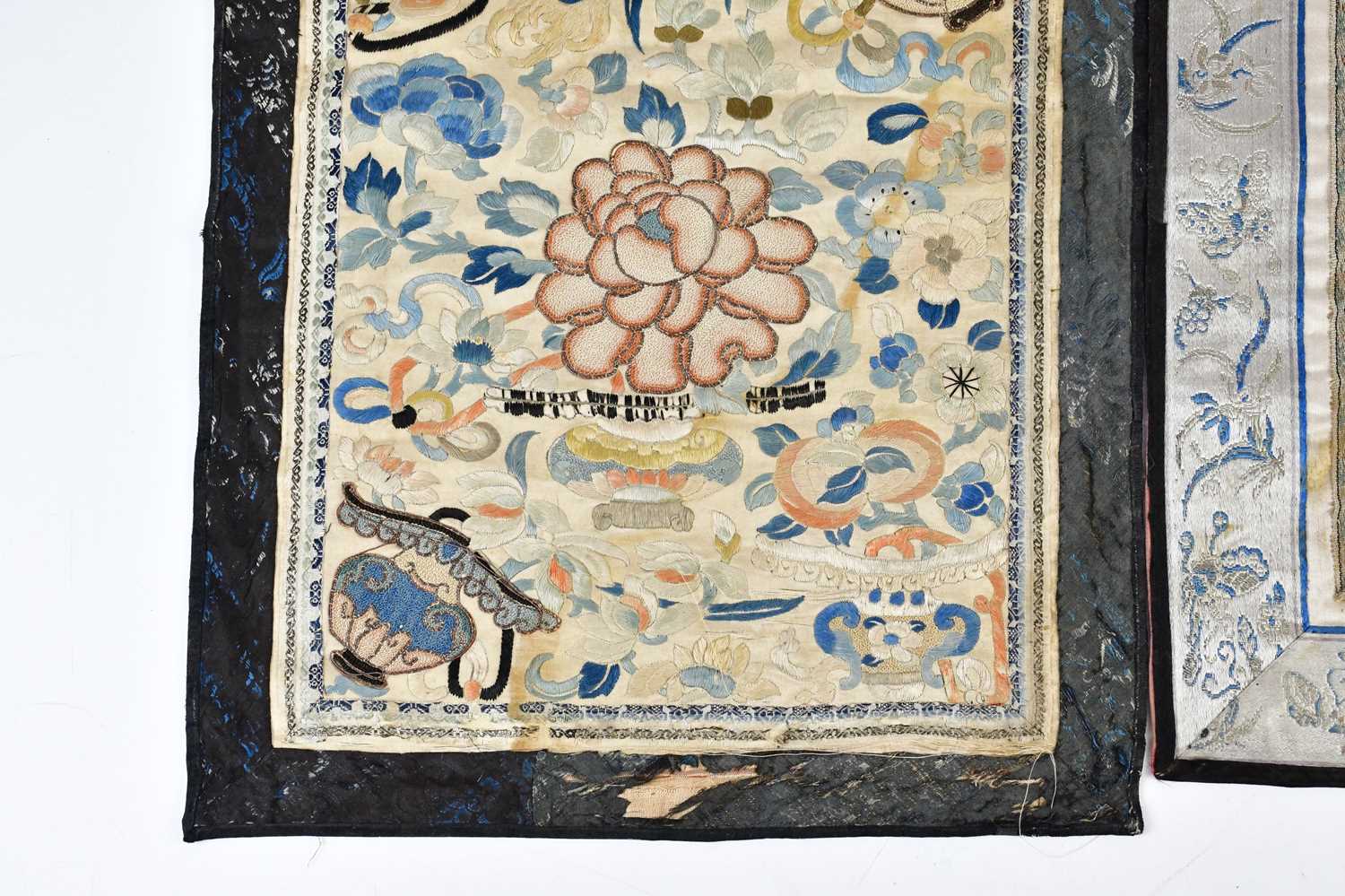 Two Chinese silk panels, including an example which bears signature, decorated with insects and - Image 2 of 13