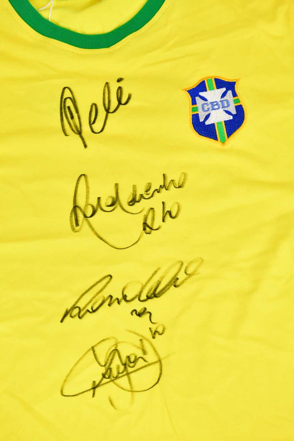BRAZIL; a 1970s retro style football shirt, signed to the front by Pelé, Ronaldinho, Ronaldo, - Image 2 of 3