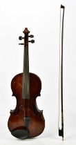 A full size violin, probably German, unlabelled, with one-piece back length 35.5cm, cased with a