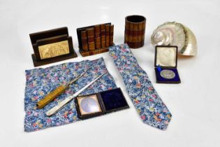 A mixed lot of collectors' items including a Liberty tie and handkerchief, a mother of pearl