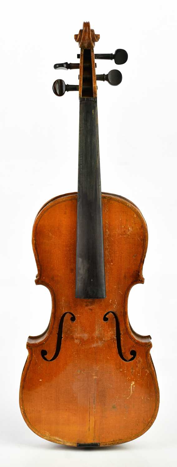 A full size German violin with one-piece back length 35.5cm, unlabelled, cased. Condition Report: