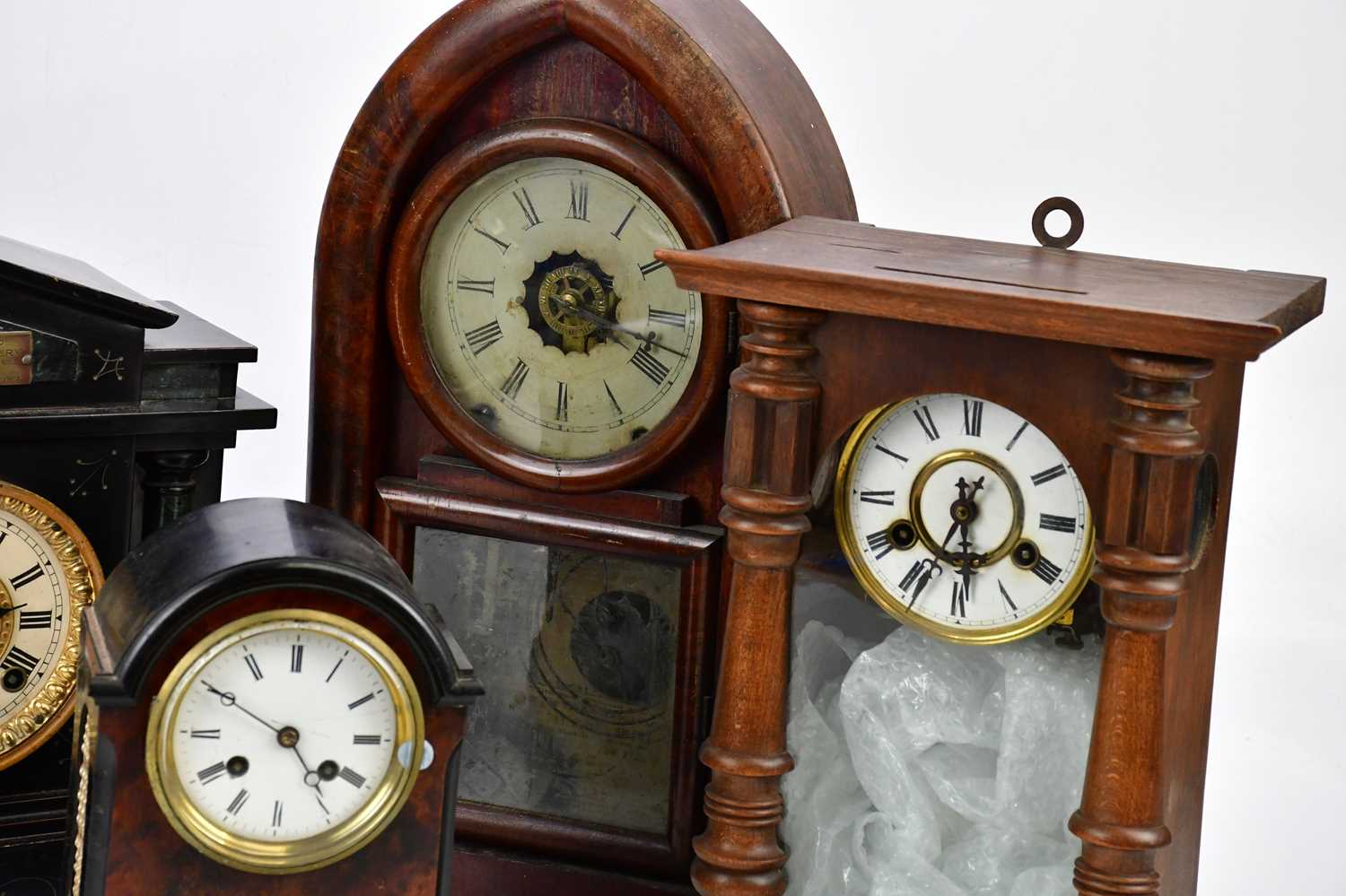 An American lancet shaped wall clock, with glass door and internal printed label, height 46cm, and - Image 4 of 4