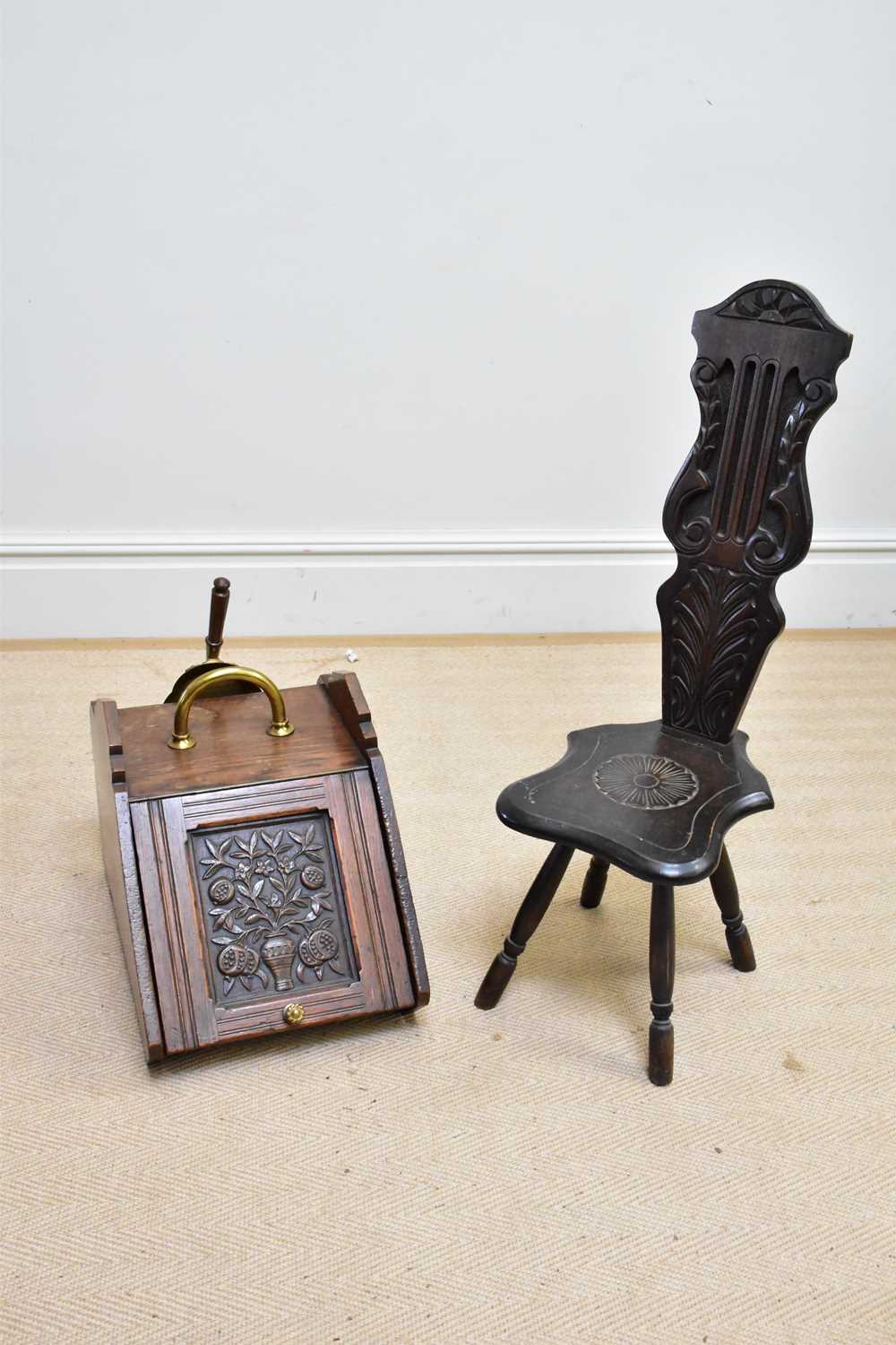 A Victorian coal scuttle with shovel and a spinning chair (2).