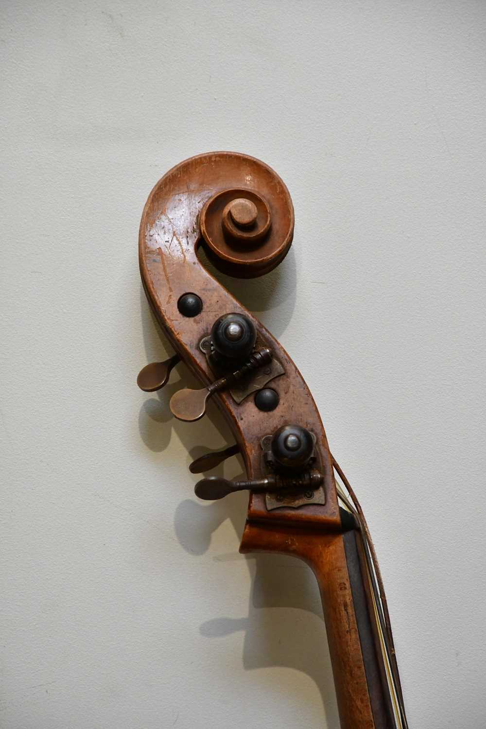 A double bass, possibly German, with two-piece back, 111cm to top of button, in need of restoration. - Image 6 of 25