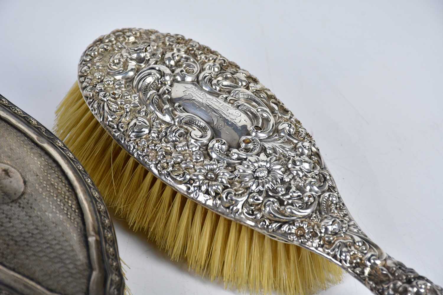 JOSEPH GLOSTER; a George V hallmarked silver brush with engine turned decoration, Birmingham 1934, - Image 4 of 4