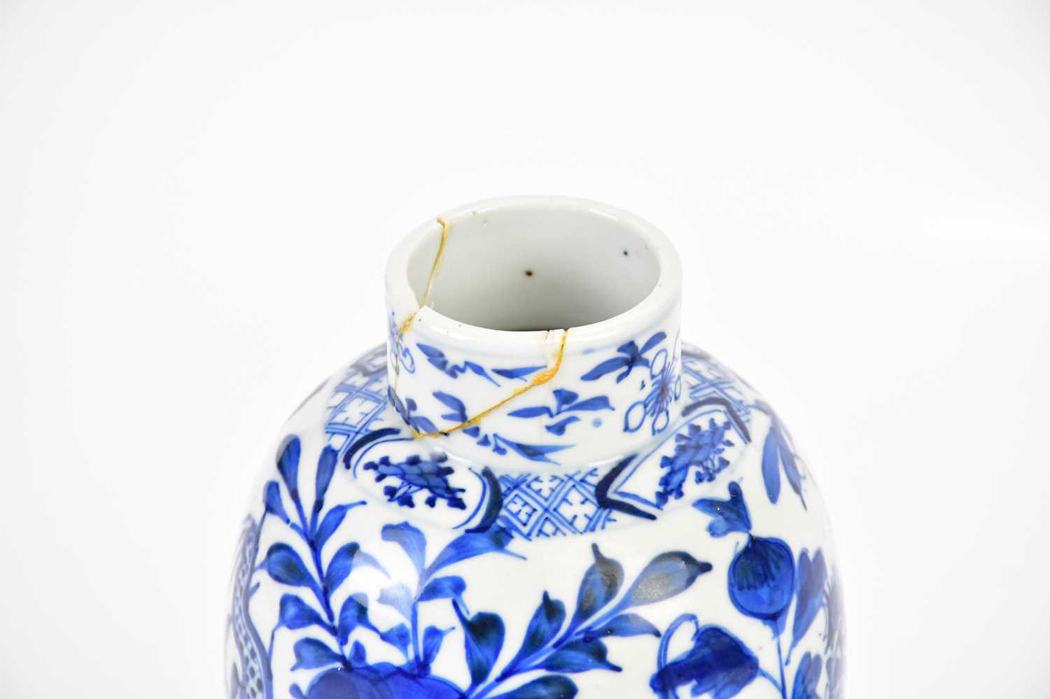 Two 19th century blue and white Chinese lidded vases and covers both with character marks to the - Image 3 of 7