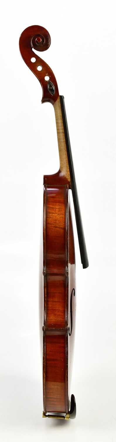 A full size German violin with two-piece back length 35.4cm, unlabelled, cased with two bows. - Image 4 of 12