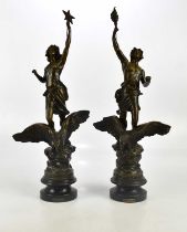 A pair of early 20th century bronzed figures, 'Le Jour' and 'La Nuit', on socle bases, height