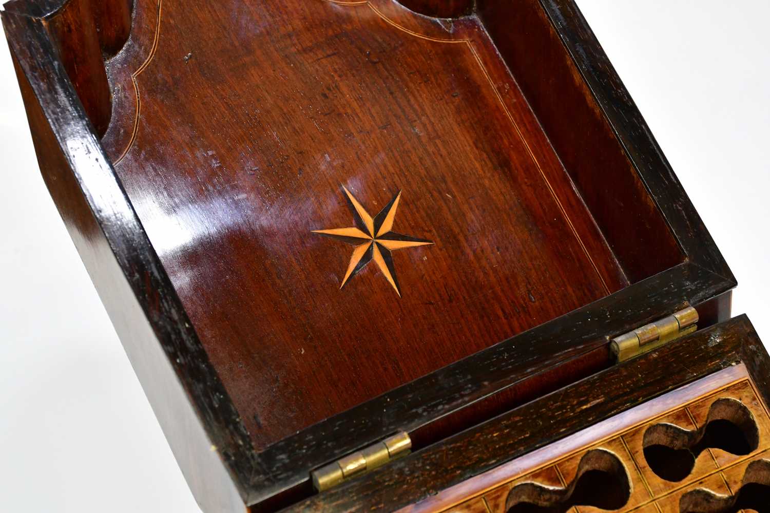A Victorian inlaid mahogany knife box, the hinged cover enclosing fitted interior, height 34cm, - Image 3 of 4