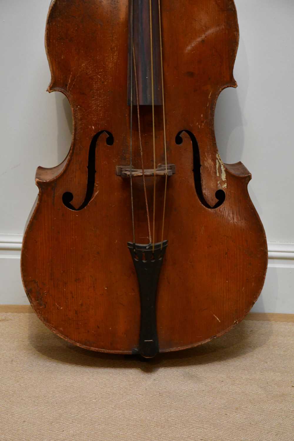 A double bass, possibly German, with two-piece back, 111cm to top of button, in need of restoration. - Image 4 of 25